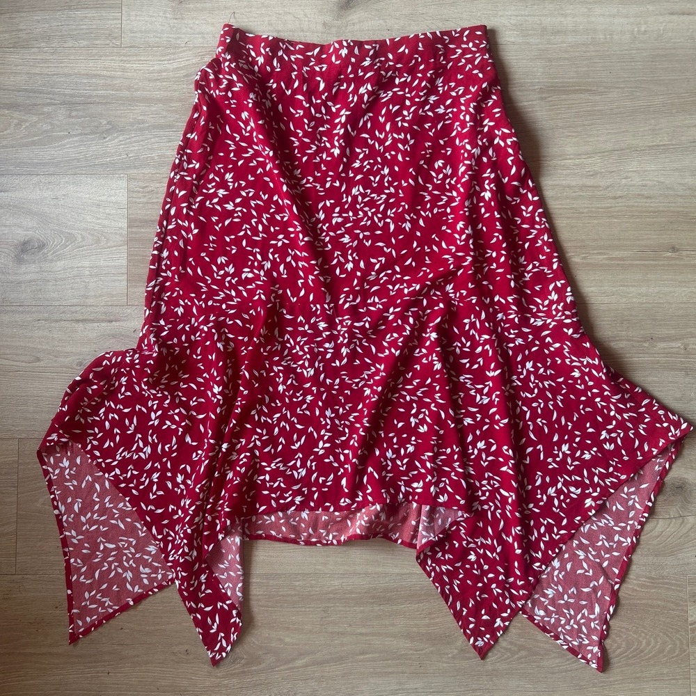 Kate Kasin Red Leaf Print Handkerchief Hem Midi Skirt Womens XL Side Zip Boho